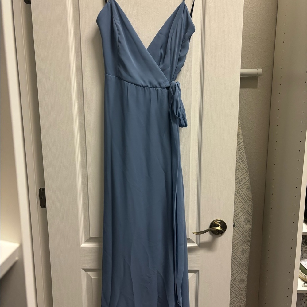 Blue Lux chiffon maxi wrap dress